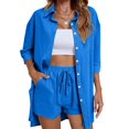 thumbnail image 1 of AMERTEER Women Blouse Suit Button Down Pockets 2 Piece Lounge Set Solid Loose Fit Outfits, 1 of 7