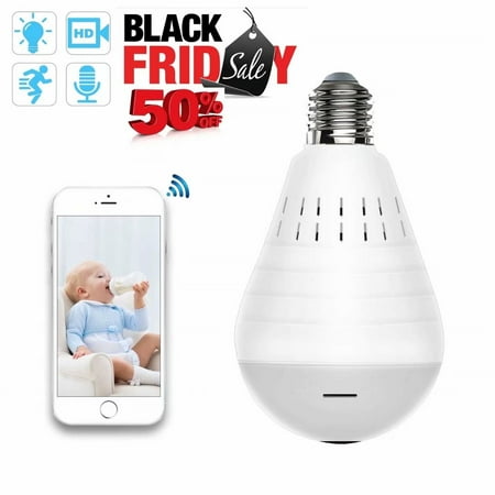 Black Friday WiFi Bulb Security Camera -960P Wireless Security Camera Bulb- Fisheye LED Light 360° Panoramic for Remote Light Cameras, Motion Detection for