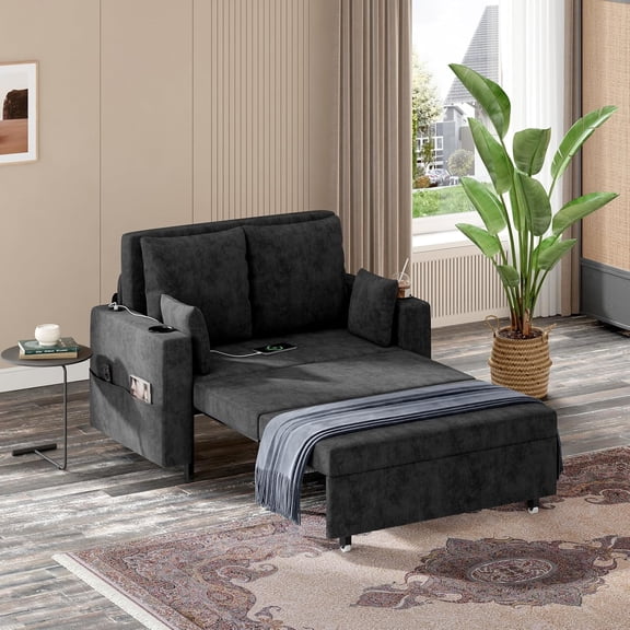 Kicctian Convertible Sleeper Sofa Bed for Living Room, Pull-Out Loveseat Couch with Cup Holders, USB and Charging Station, Side Pockets,1000lb Capacity,Includes Toss Pillows,Black