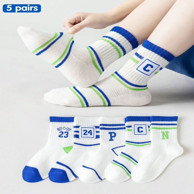 JUNWELL 5 Pairs/Set Boys‘ And Girls‘ Blue & White Mesh Thin High Tube Socks With Letter Striped Design Breathable Elastic Cuffs Summer And Spring Collection. Trendy Street Style For Te