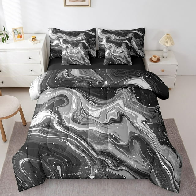 YST Ensemble de Literie Marbré Gris Foncé, Géométrie Abstraite, Polyester, Format Grand Lit (7 Pcs)