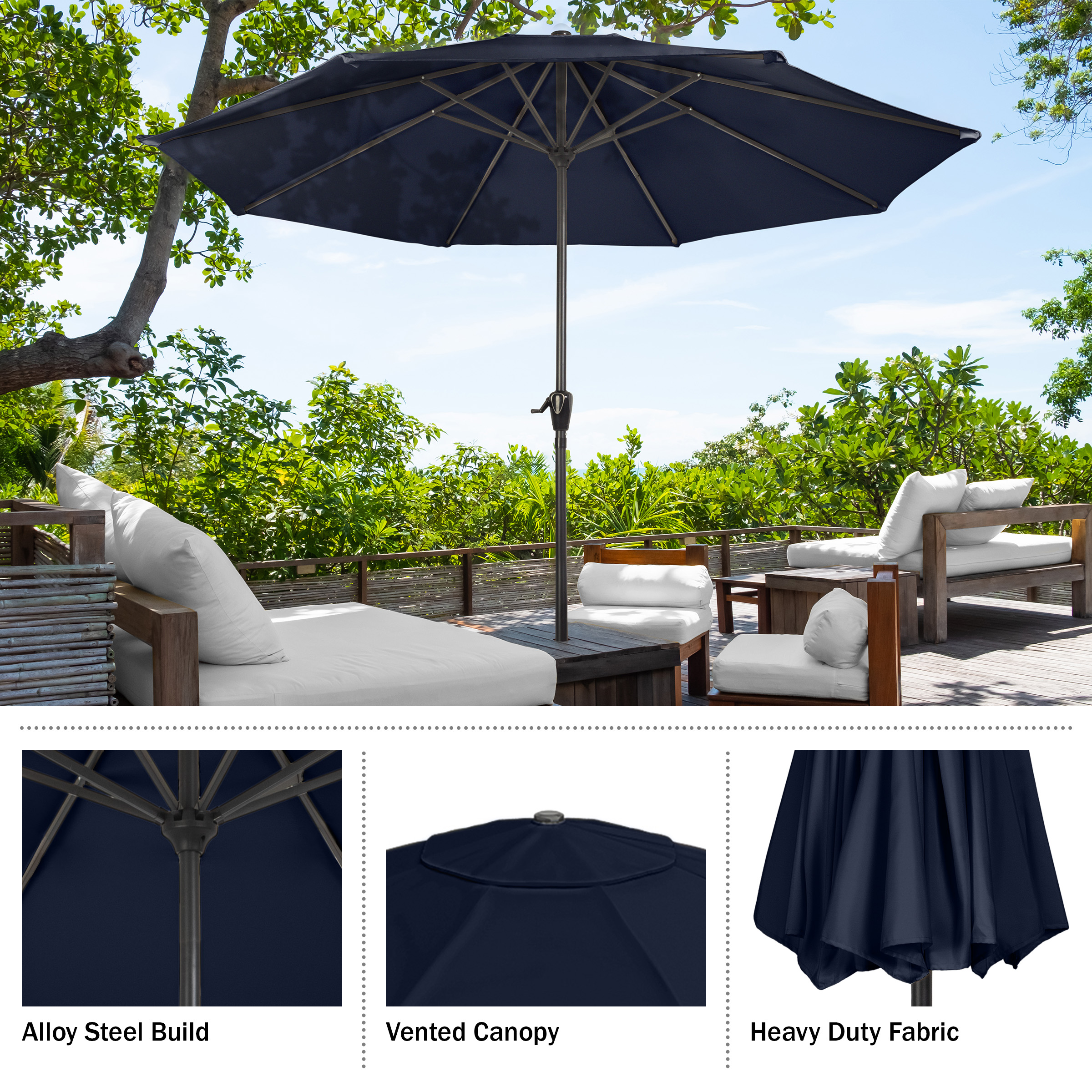 Pure Garden 9FT Outdoor Vented Patio Umbrella with Easy Crank (Navy)