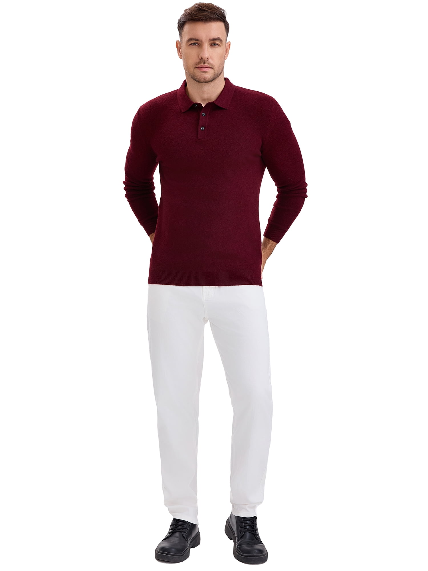 DARING DIVA Men's Long Sleeve Pullover Business Knitted Polo Shirt M Burgundy