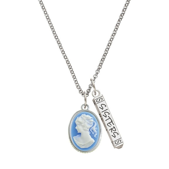 Delight Jewelry Silvertone Small Blue Oval Cameo Silvertone Sisters Best Friends Forever Bar Charm Necklace, 23"