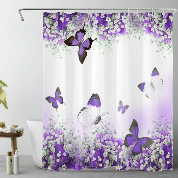 HVEST Purple Floral Butterfly Shower Curtain, Garden Flower Plant Spring Shower Curtain - Rustic Wildflower Bathroom Decor, Waterproof Polyester Fabric, Includes 10 Hooks, 60x72 Inches