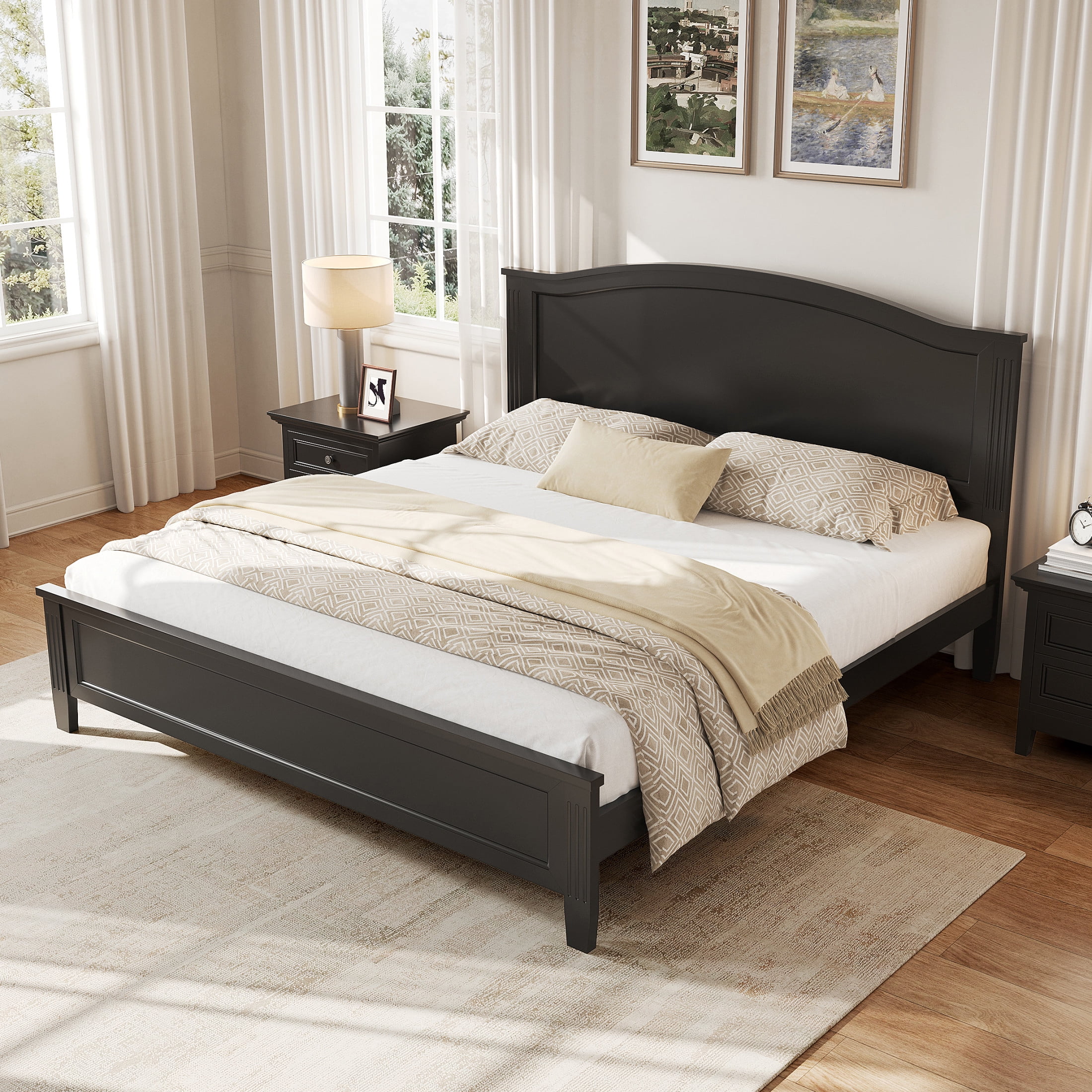 Noble House King Size Platform Bed with Headboard and Slat Support, Wooden Bed Frame, Rustic Farmhouse, Black
