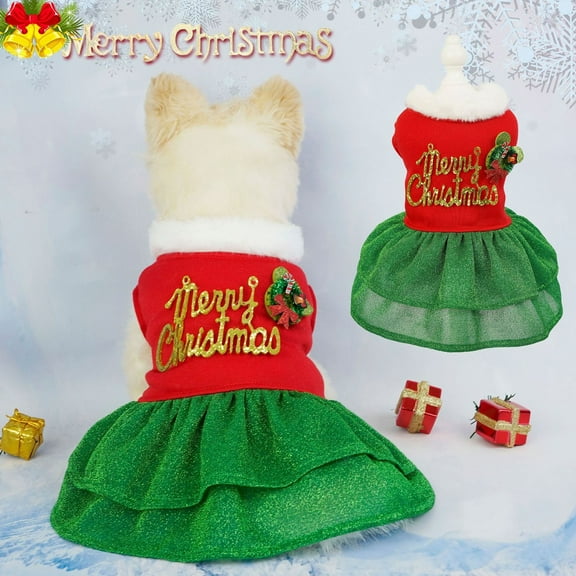 Dog Christmas Dress Outfit Red Green Dress Holiday Party Gown Dog Clothes for Small Dogs Girl Santa Pet Cat Outfits Red L