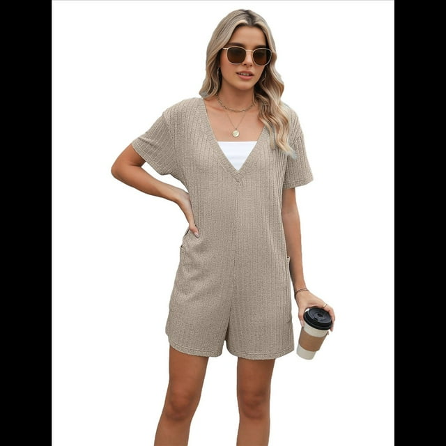 Mono de Verano para Mujer, de Corta, Holgado, Informal, con Cuello en V, Elegante y Cómodo, con Bolsillos, Color Caqui, Talla XL