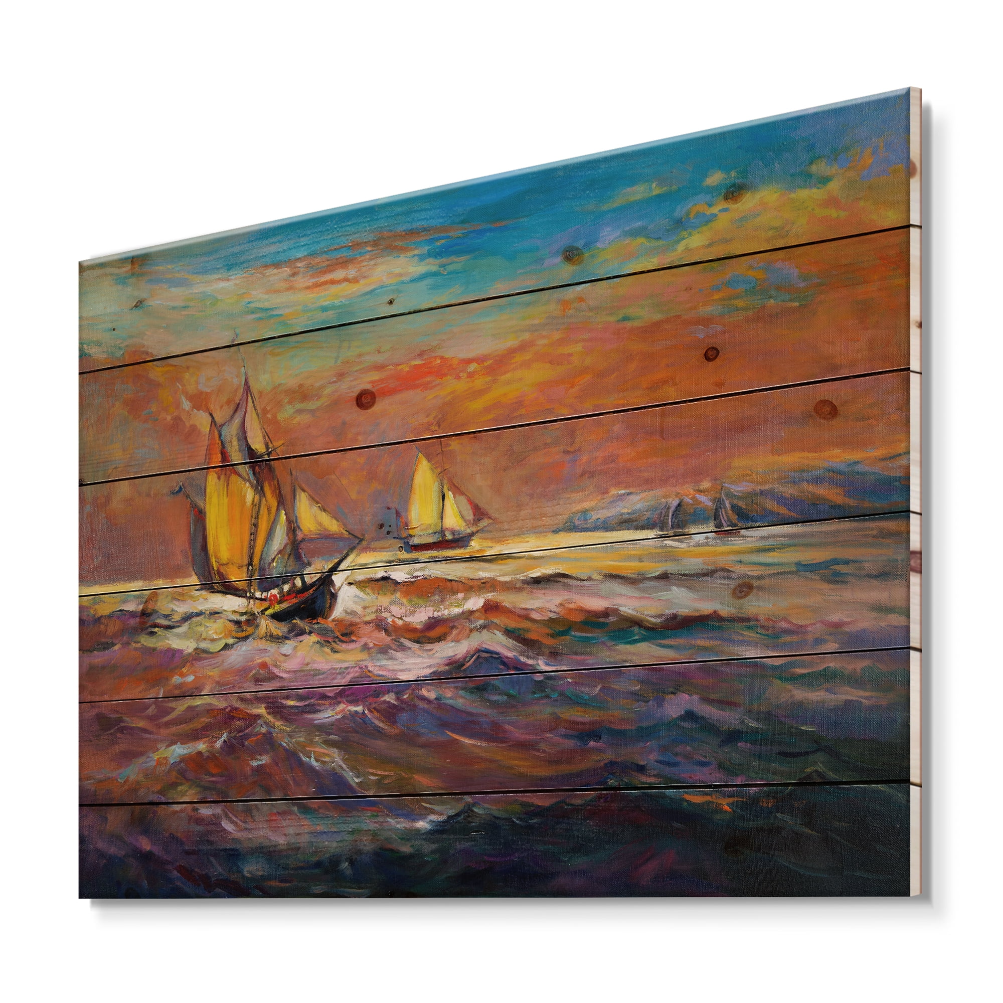 Designart 'Sailships On The Ocean Waves During Orange Evening Glow' Nautical & Coastal Print on Natural Pine Wood