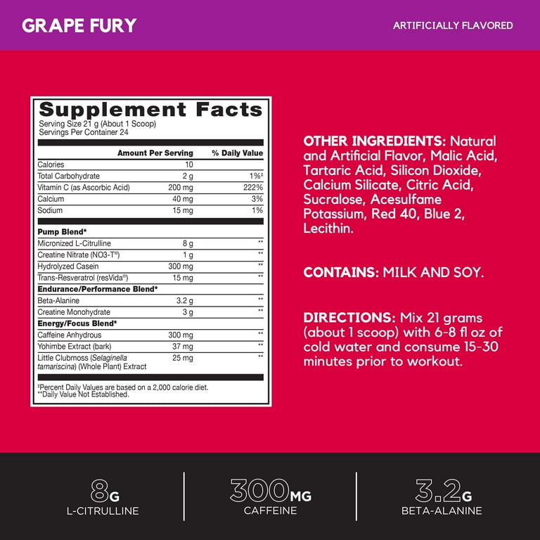 BSN N.O.-XPLODE Pre-Workout Powder, Grape Fury, 24 Servings, 8g L