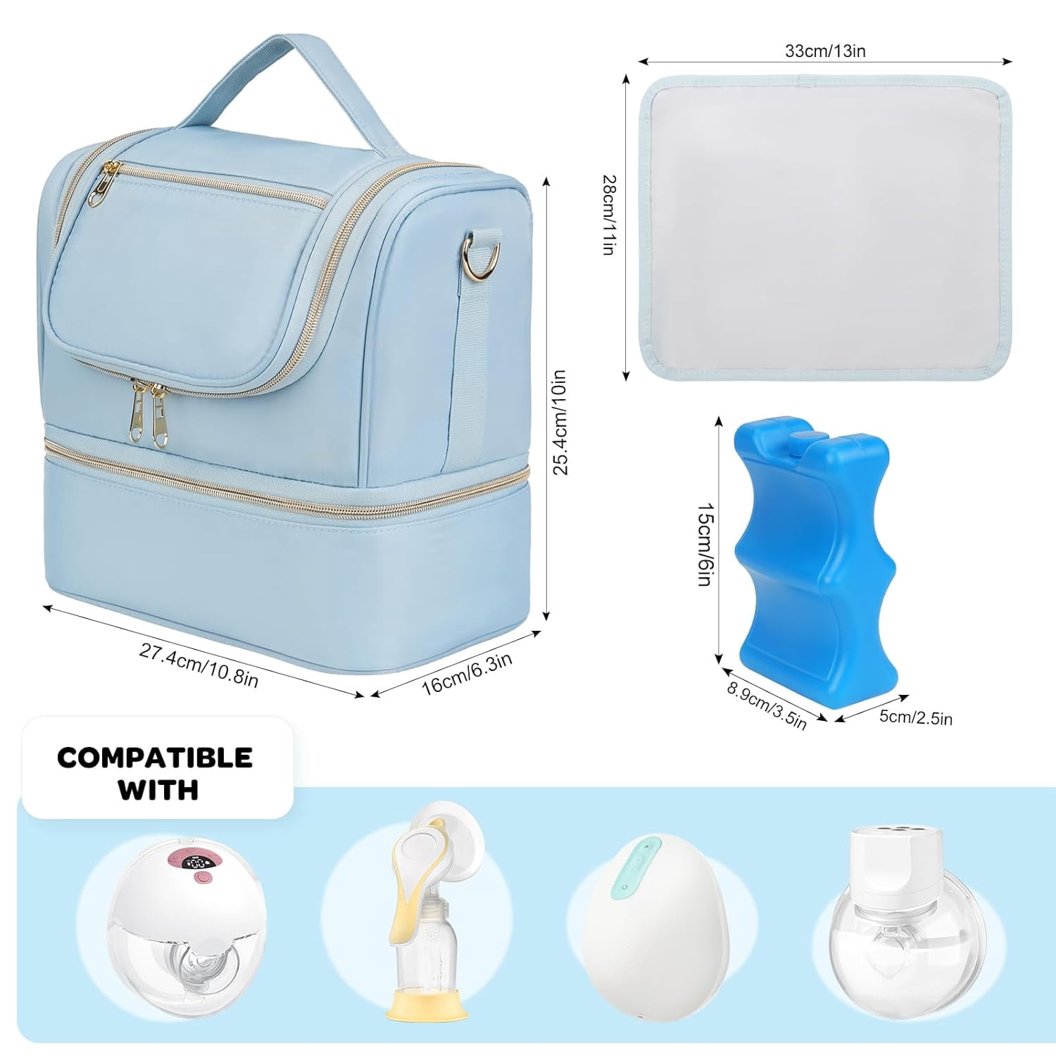 Wearable Breast Pump Bag with Cooler Compartment Fits for Willow/Eufy/Elvie/Momcozy M5/S12 Pro/Medela, Breast Milk Travel Tote Bag with Ice Pack & Waterproof Mat,Blue