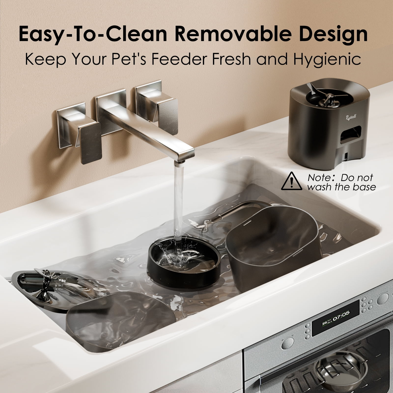 Rywell Automatic Cat Feeder with Water Dispenser, 2-in-1 Feeding Set with Feeding Schedule & Voice Recorder, Dual Power Supply, Auto Cat Food Dispenser for Cat