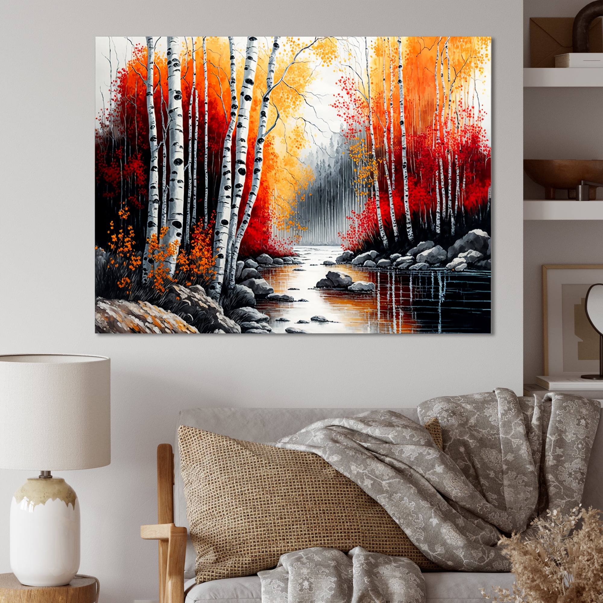Designart Red And Orange Birch Trees By The River Canvas Wall Art