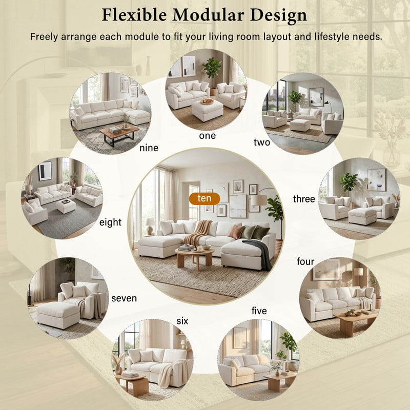 L-Shaped Modular Sectional Sofa, 4-Seater Chenille Couch with Movable Ottoman, Deep Seat Modern Sofa with Solid Wood Frame, 1 Throw Pillow for Living Room & Apartment