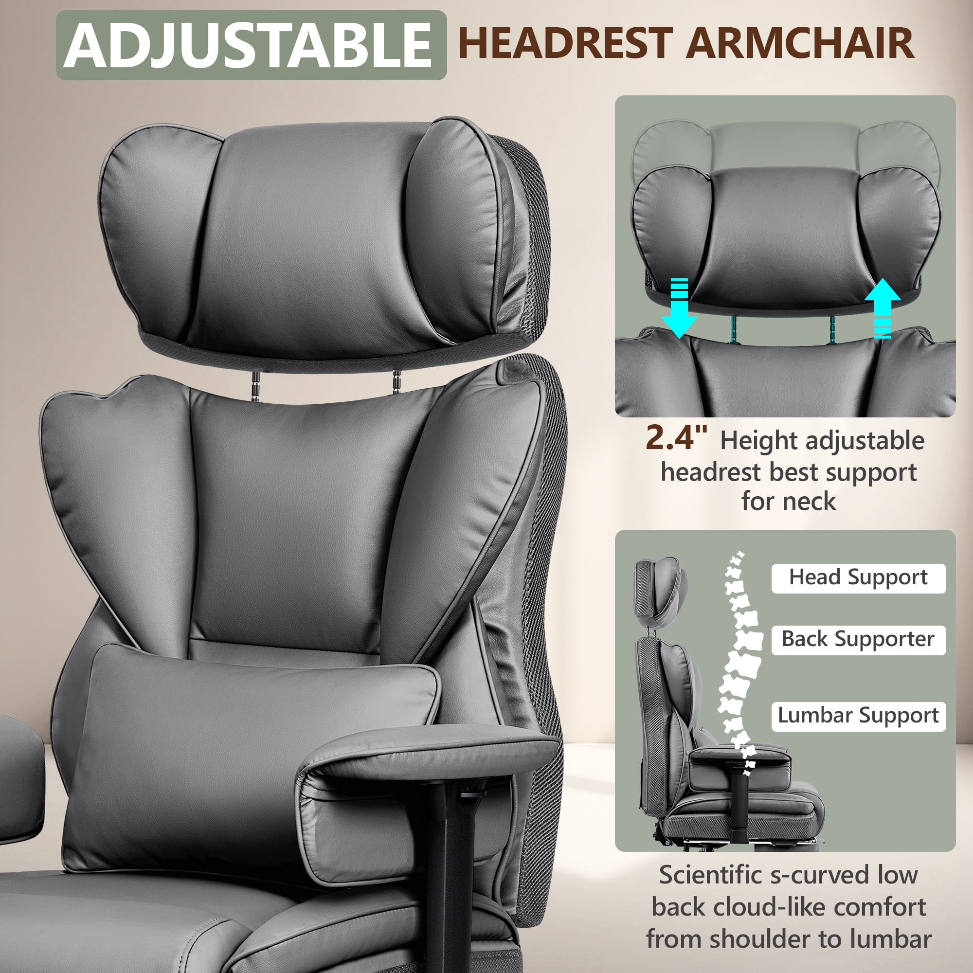 COOLHUT Big and Tall PU Leather Office Chair with Adjustable Headrest & Footrest, Executive Computer Desk Chair with 3D Adjustable Padded Armrest, Ergonomic Office Chair with Lumbar Support, Gray