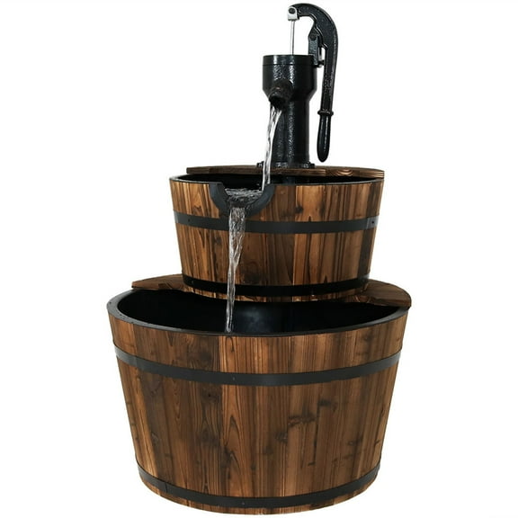 Sunnydaze Country 2-Tier Wood Barrel Water Fountain with Hand Pump - 34 in H