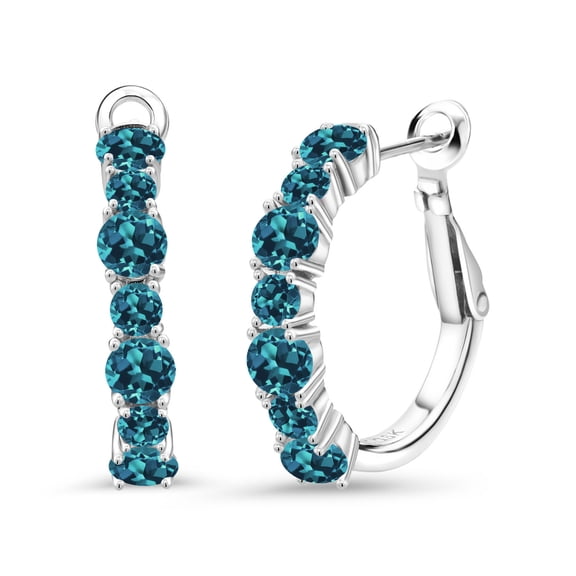Gem Stone King 3.42 Cttw London Blue Topaz Hoop Earrings for Women | 925 Sterling Silver | Gemstone November Birthstone | Round 4MM and 3MM