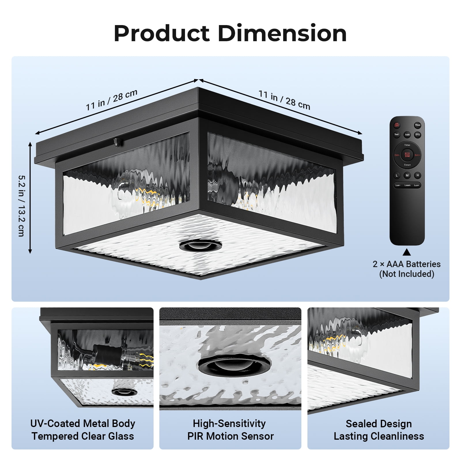 VIANIS Black Motion Sensor Outdoor Ceiling Light with Remote Control, Flush Mount Ceiling Lighting for Porch, Entryway, Adjustable Distance Time, 5 Modes, 2-Light