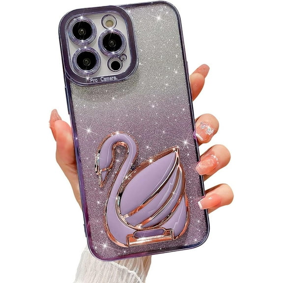 Compatible for iPhone 14 Pro Max with Stand, Bling Plating Swan Hidden Stand Case, Cute 6D Stand Glitter Phone Case for Women Girls Soft TPU Shockproof Back Cover - Purple