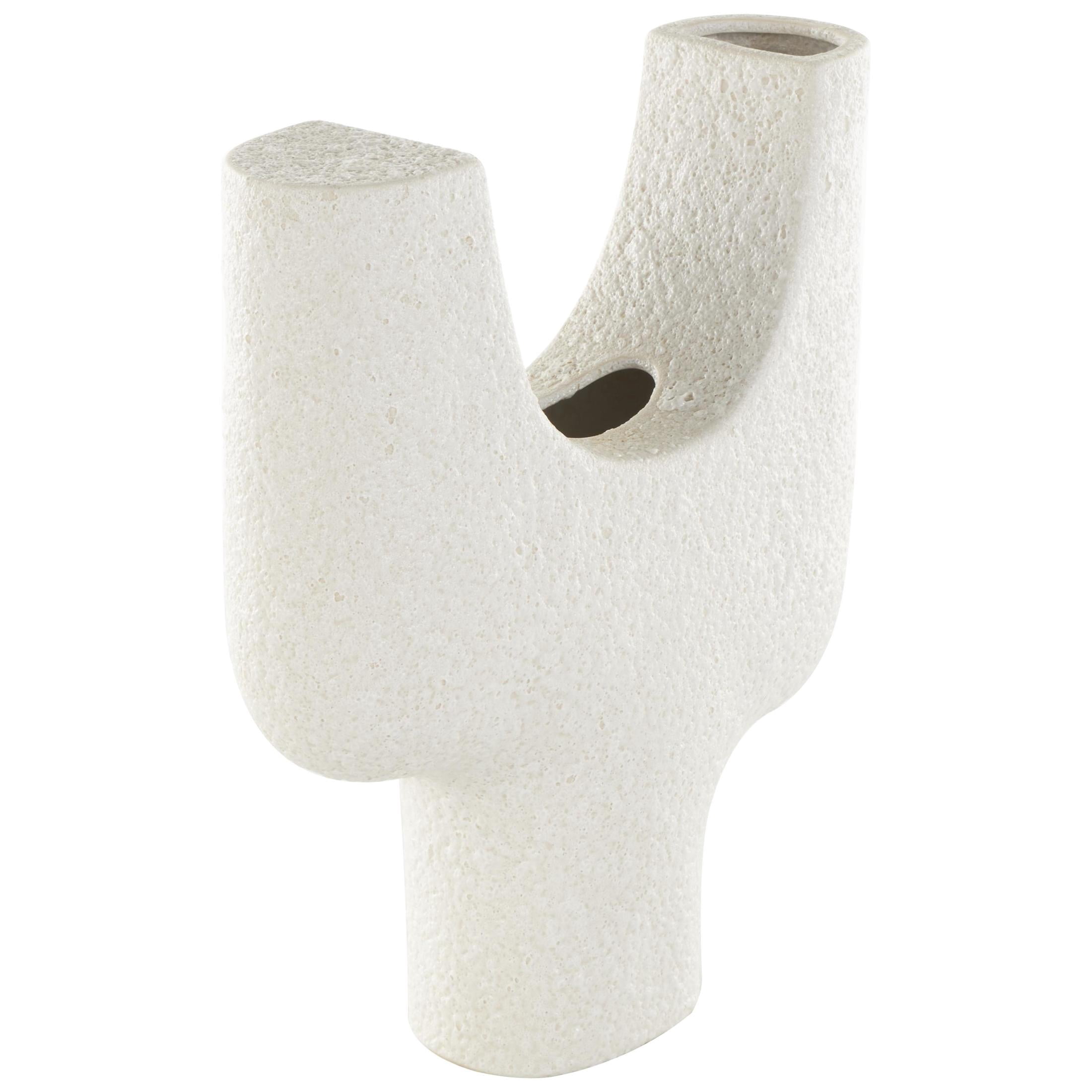 DecMode 14" Abstract Dual Opening U-Shaped White Ceramic Vase with Glossy Speckled Texture