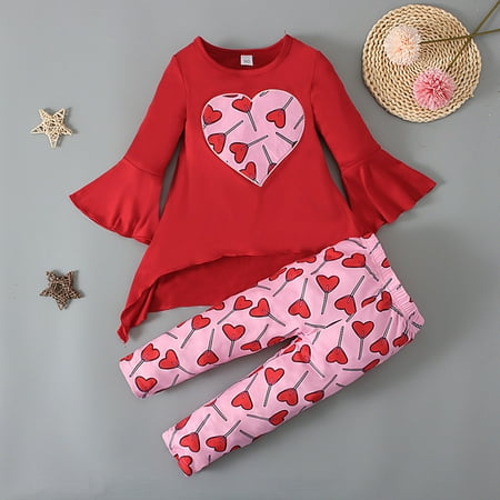 

QIPOPIQ Infant Girl s Clothing Set Clearance Valentine s Day Children s Girl s Clothing Trumpet Sleeve Top Pants Love Pattern Two-piece Set