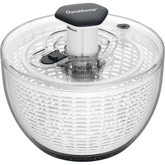 Secador de lechuga con centrifugador para ensaladas, fácil de presionar con una mano, gran secadora de verduras, mezcladora de ensaladas con empujador retráctil cómodo y botón de freno para verduras,