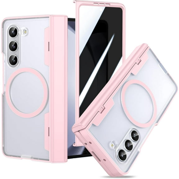 Mionbel for Z Fold 5 Case, with Front Privacy Screen Protector & Hinge Protection, Compatible with MagSafe, Magnetic Ring Translucent Slim Anti-Spy Protective Case for Samsung Galaxy Z Fold 5 - Pink
