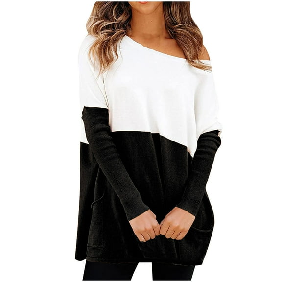 Fesfesfes Women Sweaters Casual Splicing Hedging Pocket Blouse Long Sleeve Tops Sweater Clothes Sale
