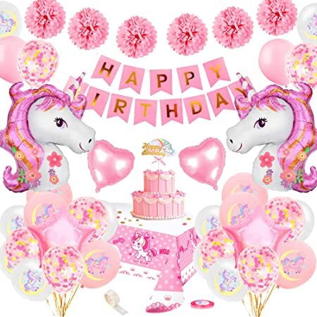 MMTX Unicorn Birthday Party Decoration, Pink Balloon Arch with 3D Unicorn Confetti Balloons Pompoms for Unicorn Party Baby Shower Girl Birthday
