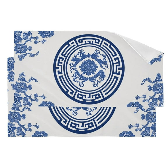 Traditional Blue White Porcelain Pattern Hand Towel Absorbent Bath Towels for Bathroom Sports Gym 28" x 14" Set of 2