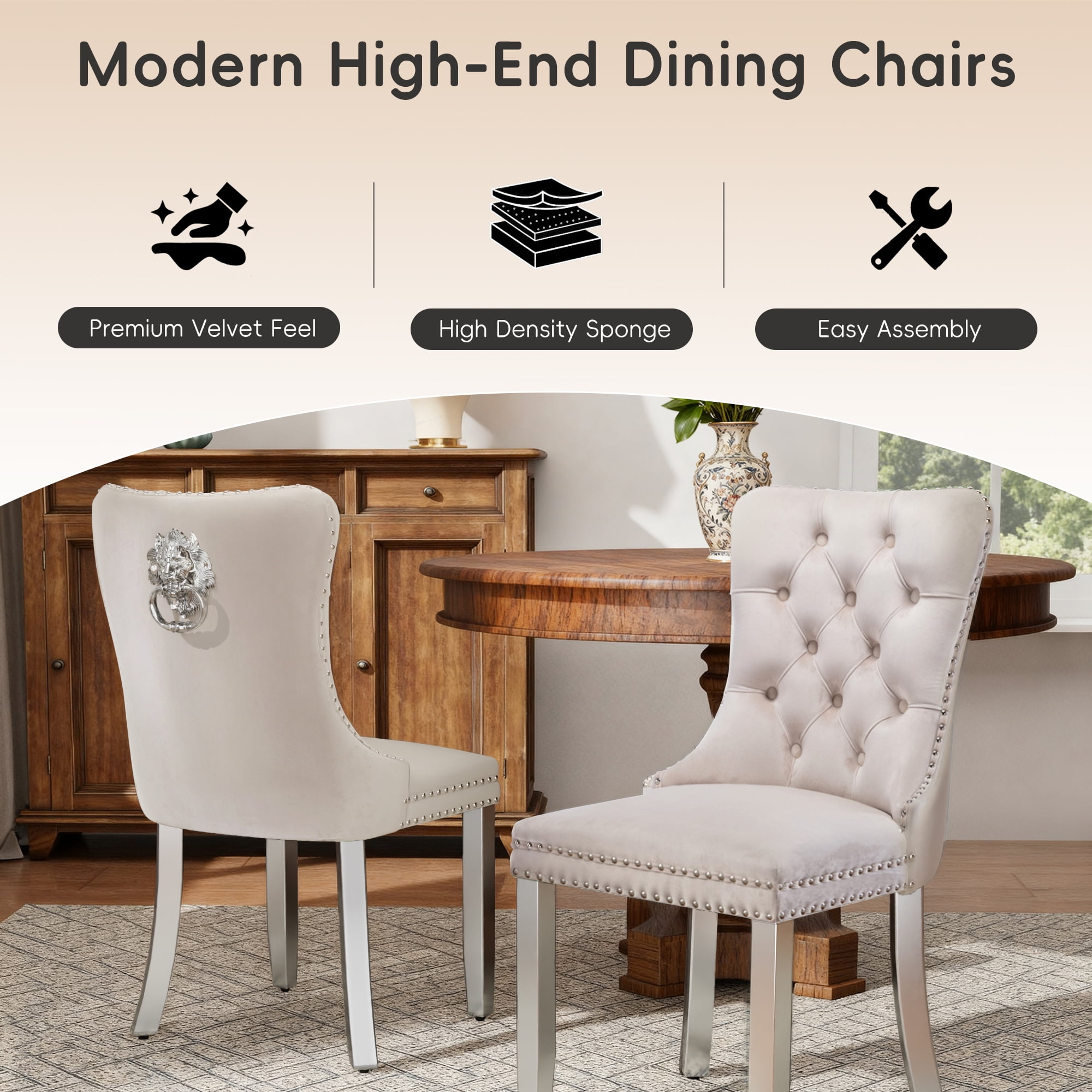 DONICK Velvet Upholstered Dining Chairs,Wing Back Side Chair Tuft Nailhead Ring Pull Metal Legs(Beige,Silver Legs,Set of 2)
