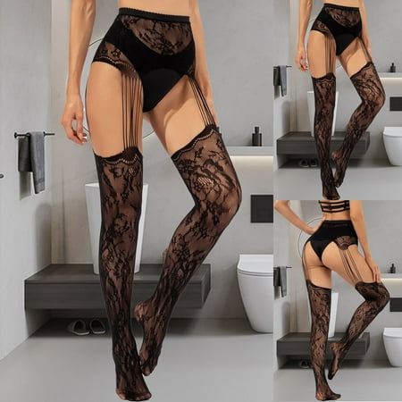 

Women Black Stockings With Belt Set High Tights Lingerie Sexy Pantyhose Floral Print Long Mesh Lace Stocking E Black One Size