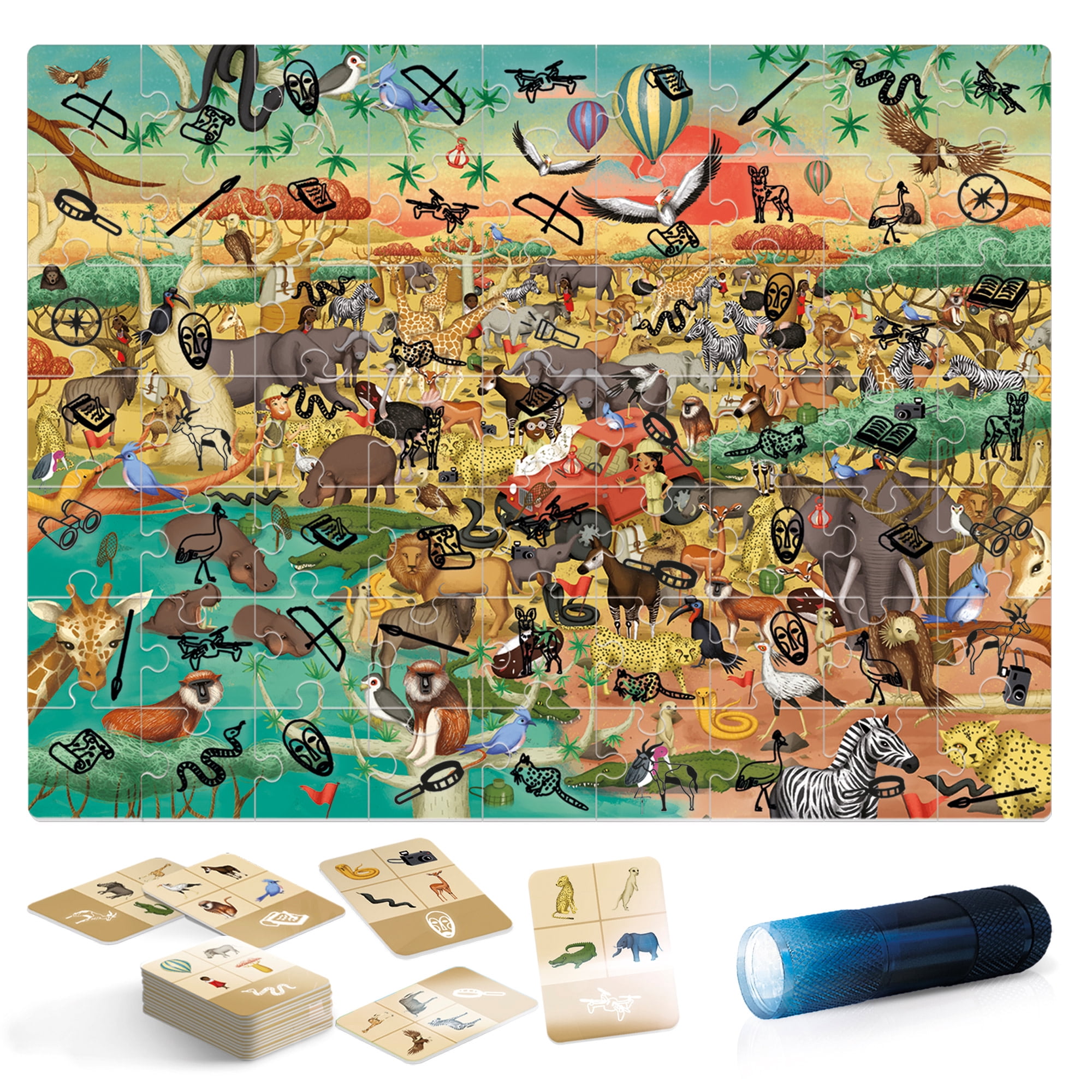 Headu: Explore The Safari Puzzle - 70pc Activity Jigsaw, Magic Reveal Scene, 27x17" Savannah Scene, Search & Find Hidden Objects & Animals, Kids 5+