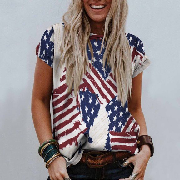 Lilgiuy Women's Comfortable Tops Fashion Casual Loose Blouse Independence Day Flag Printing Round Neck T-Shirt