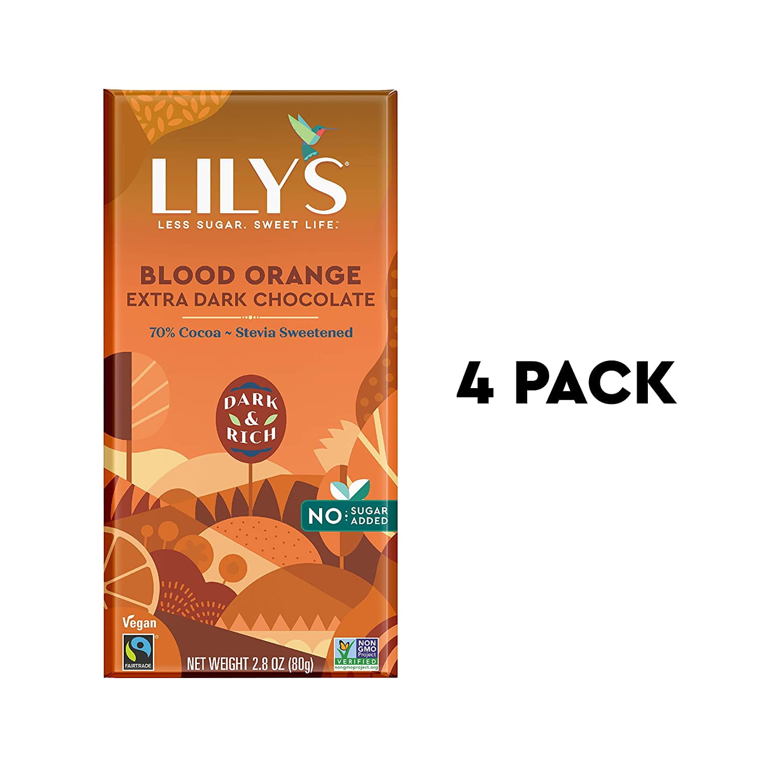 Blood Orange Dark Chocolate Bar by Lilys Sweets | Stevia Sweetened, No Added Sugar, Low-Carb, Keto Friendly | 70% Cacao | Fair Trade, Gluten-Free & Non-GMO | 3 ounce, 4-Pack