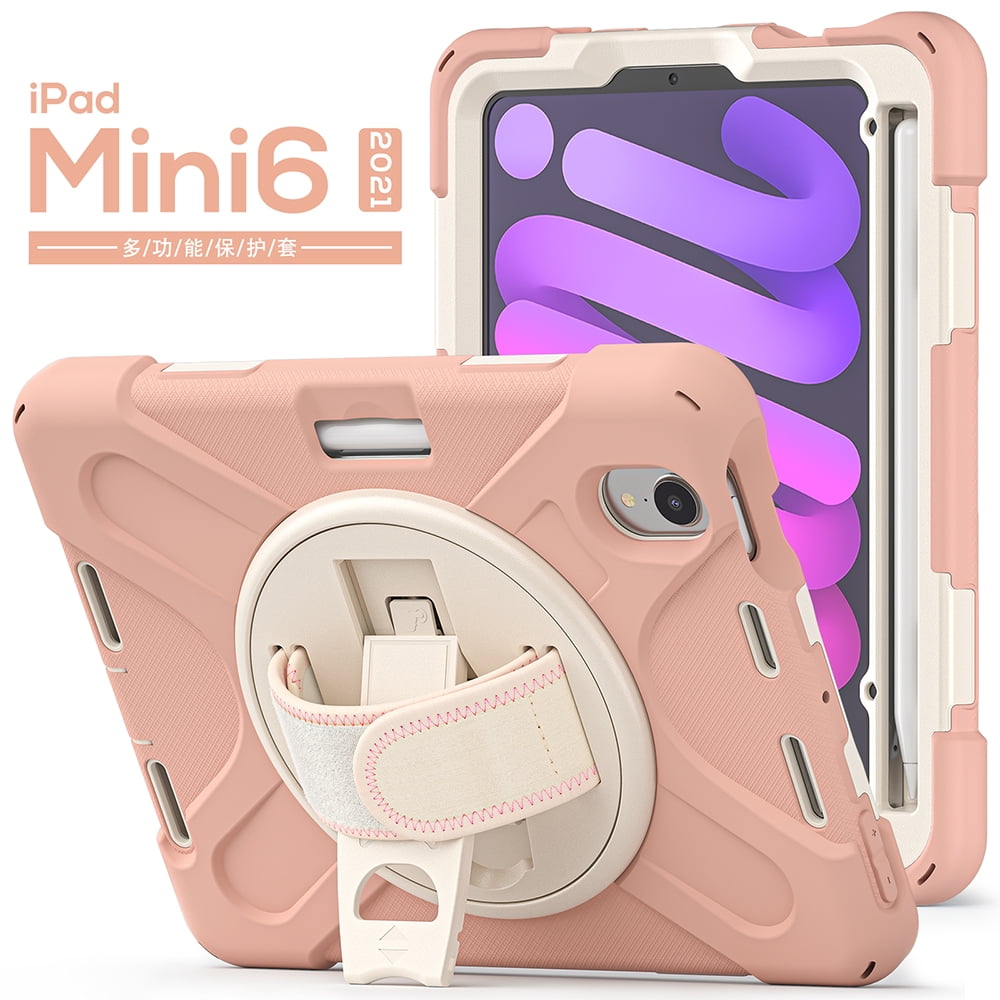 For Apple iPad Mini 6 (2021) Heavy Duty Rugged Hybrid with Kickstand, Shoulder Hand Strap, Pencil Holder Shockproof Full Protective Cover ,Xpm Phone Case [Pink]