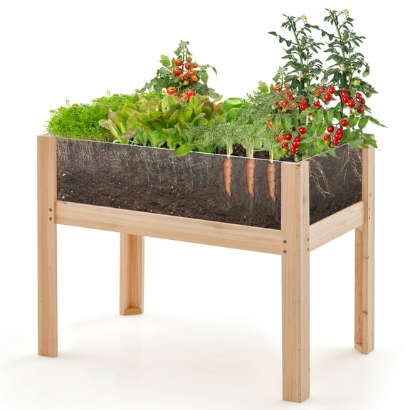 JWRWEF 24" Raised Wooden Garden Bed with Legs, Acrylic Panel Sides, Drain Holes, Elevated Planter Box for Vegetables, Herbs, Flowers, Indoor & Outdoor Gardening