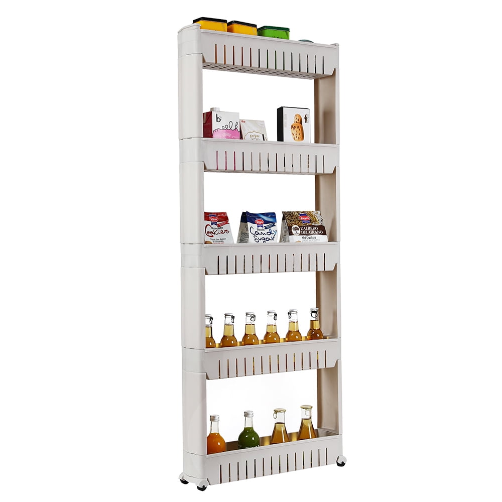 5 Tier Slim Slide Out Storage Tower with Wheels, Pull Out Pantry Shelves Cart for Kitchen