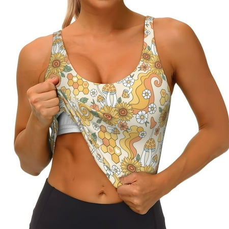 Qokaie Groovy Hippie Flower Mushrooms Pattern Womens Scoop Neck Sports Bra Breathable Workout Vest Padded U Back Medium Impact Fitness Gym Yoga Bra Workout Crop Top