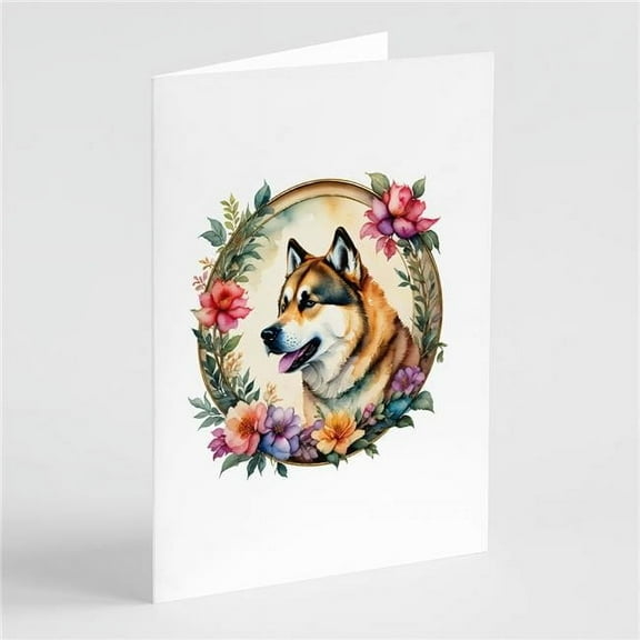 Akita and Flowers Greeting Cards and Envelopes Pack of 8 7 in x 5 in