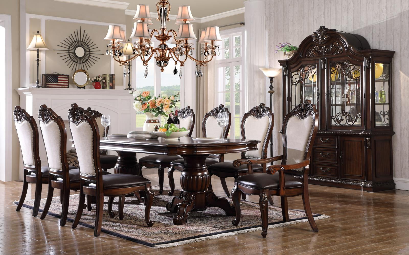 Traditional Cherry Finish PU & Linen Chairs Dining Table Set 7Pcs