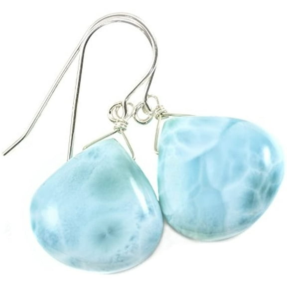 Sterling Silver Larimar Earrings Blue Smooth Fat Heart Shaped Briolette Tear Drops Designed for Adult Women