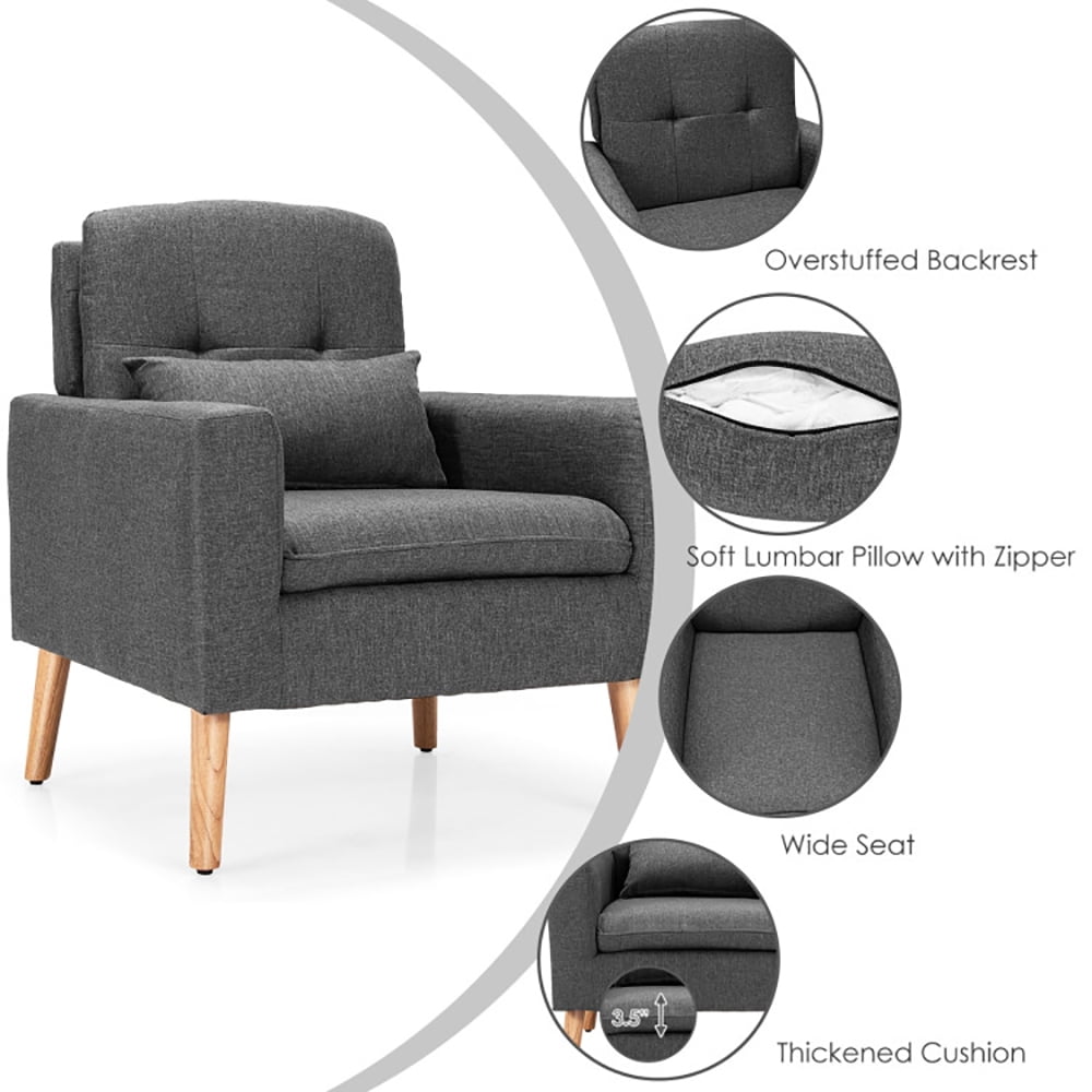 Finihen Upholstered Accent Chair, Modern Comfy Armchair Single Sofa, Linen Fabric Single Sofa Armchair with Waist Pillow, for Living Room, Bedroom, Gray