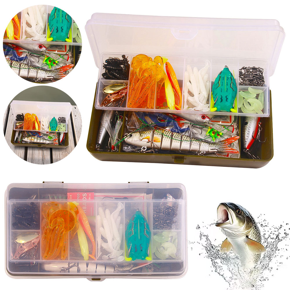 HUISZJ Fishing Lures Kit, Mixed Fishing Lures Kit with Tackle Box, Soft Hard Bait Hooks Swivels Tackle Accessory