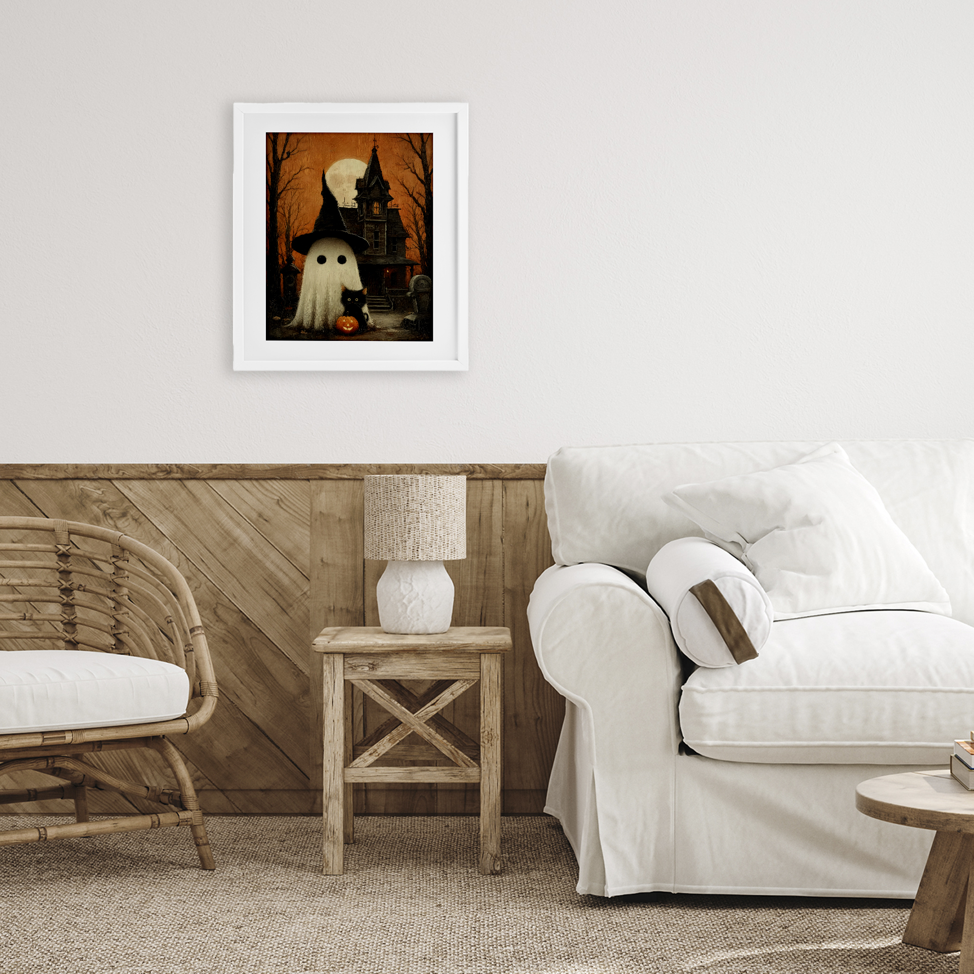 Cute Ghost & Haunted House White Framed Print Under Glass, design by Arlington Prints