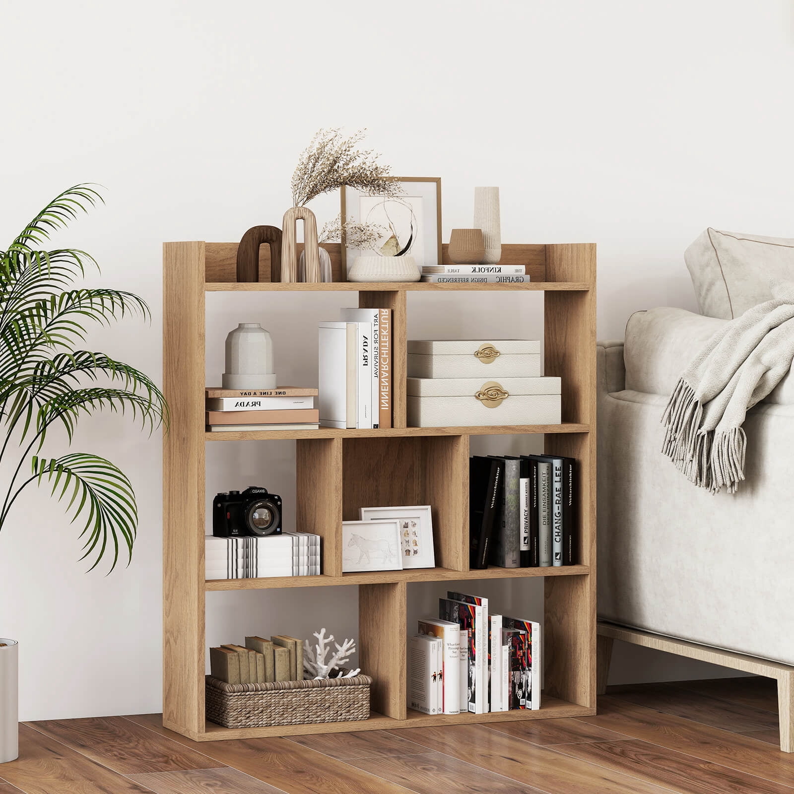 Costway 1 PCS 7-cube Bookcase 3-tier Open Storage Shelf with Anti-tipping Kits for Living Room Natural