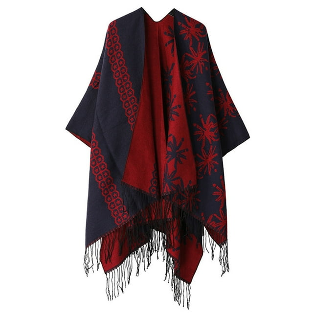 Aocisk Cape Châle à Double Couche Tricotée pour Femme Poncho en Tricot à la Mode Manteau avec Franges Rouge Taille Unique