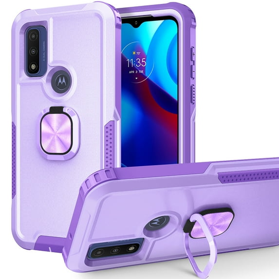 Feishell Back Case Fit for Motorola G Pure,Shock Resistant Hybrid 3-In-1 Rotatable Finger Ring Kickstand Support Magnetic Car Mount Anti-Scratch Protective Phone Cover,Purple