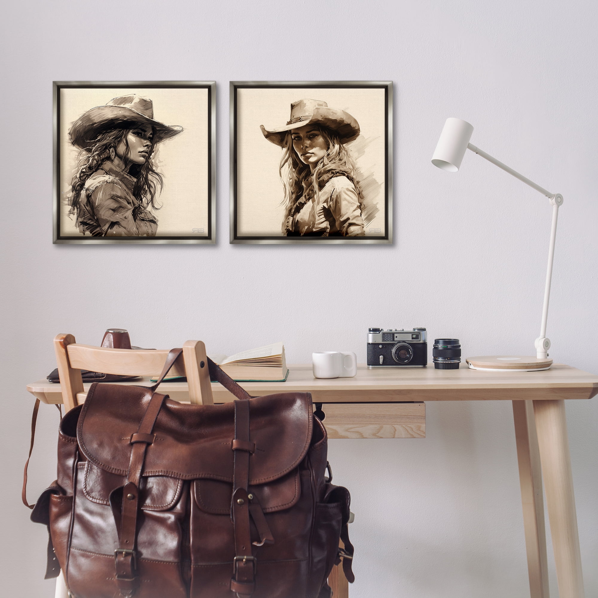 Stupell Industries Trendy Cowgirl Beauties People Painting Gray Floater Framed Canvas Art Print Wall Art, 18 x 18, Set of 2