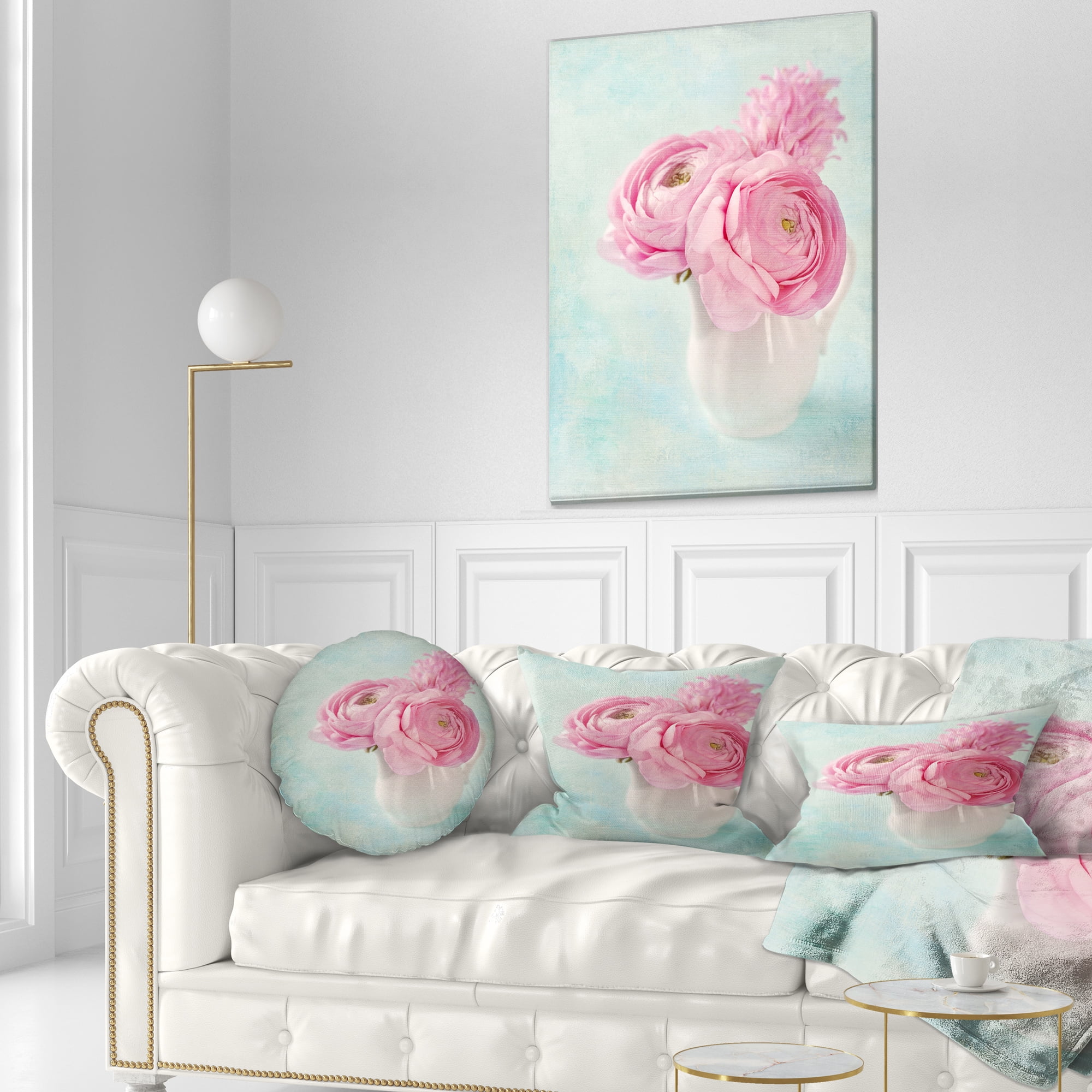Designart Pink Ranunculus Flowers in Vase - Floral Throw Pillow - 12x20
